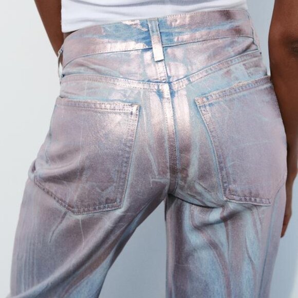 NWT PINK MID WAIST FULL LENGTH TRF FOIL JEANS - Picture 3 of 15